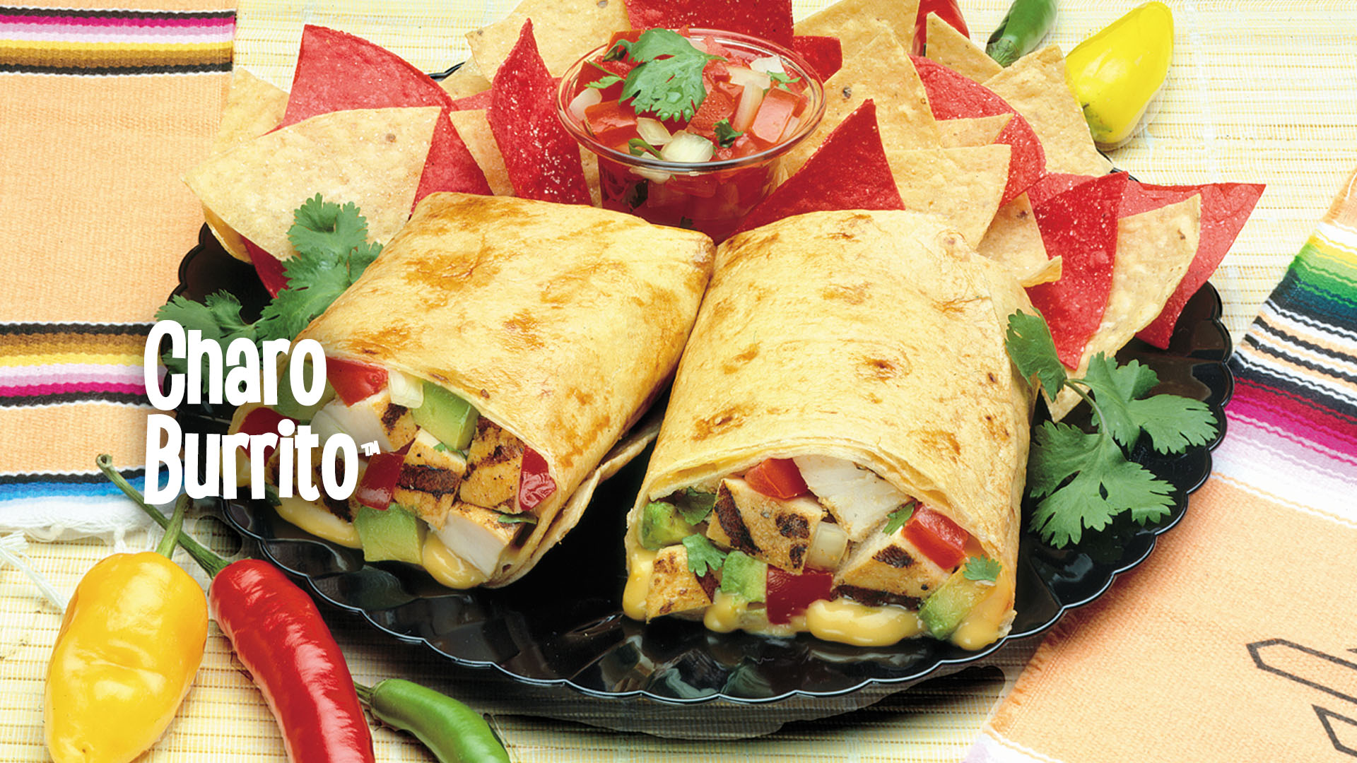 Charo Burrito plated image and text.